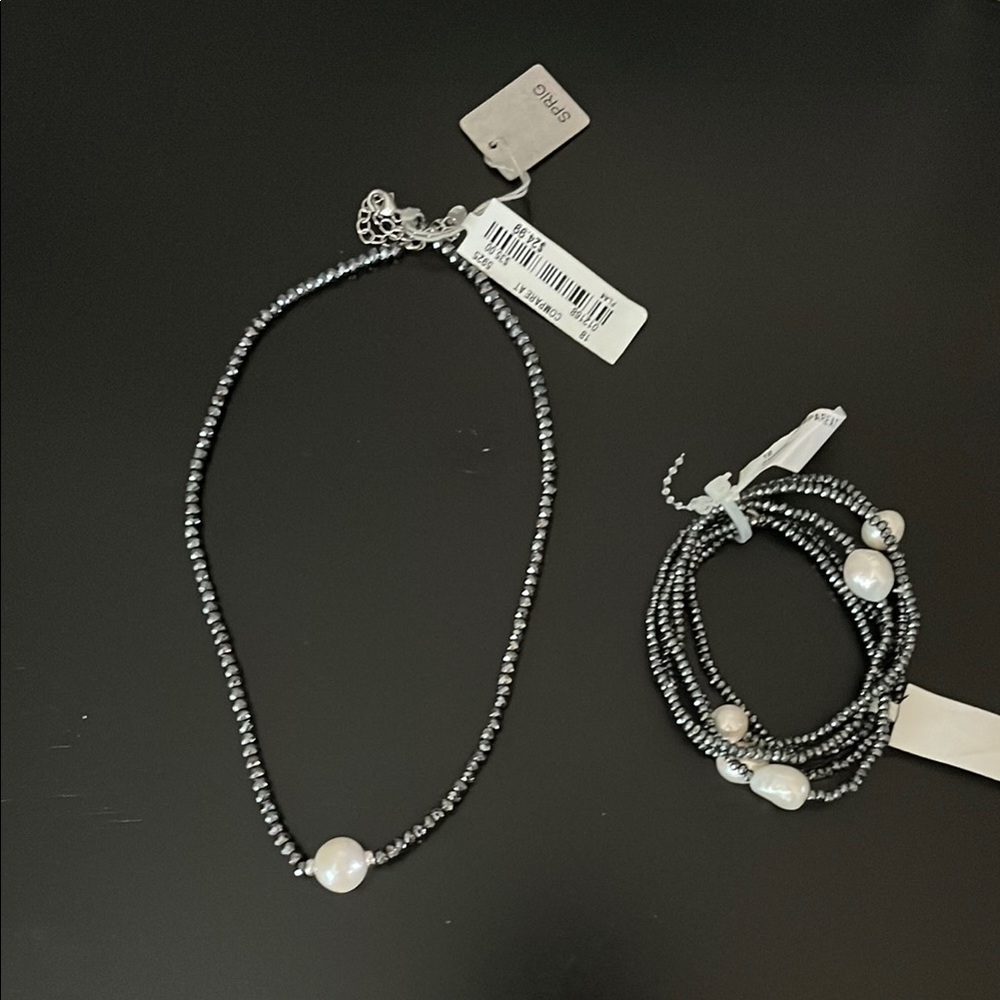 Elegant Silver and Cultured Pearl Beaded Necklace and Bracelet Set